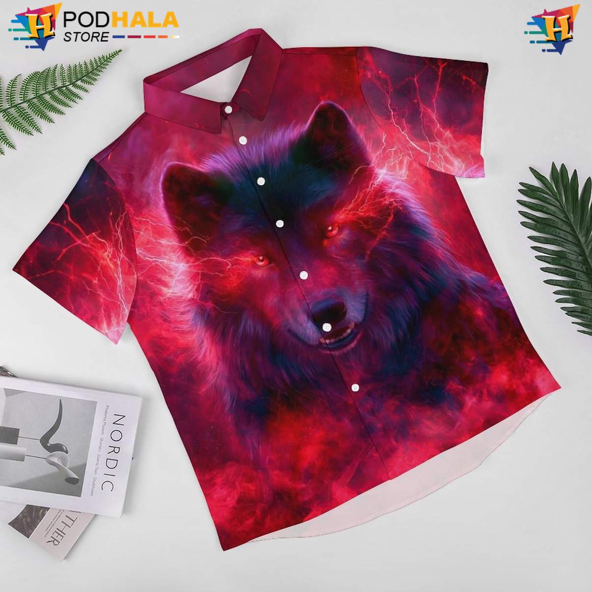 Red Lightning Wolf Aloha Shirt Mens Moon Cool Galaxy Print Beachwear Red Lightning Wolf Aloha Shirt Mens Moon Cool Galaxy Print Beachwear