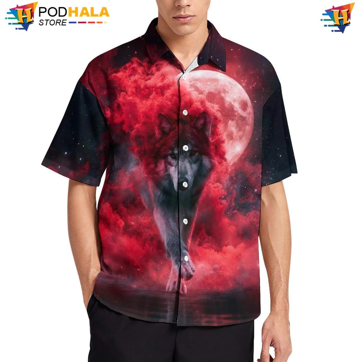 Red Nebula Wolf Aloha Shirt Mens Cool Galaxy Print Casual Beach Festival Gear