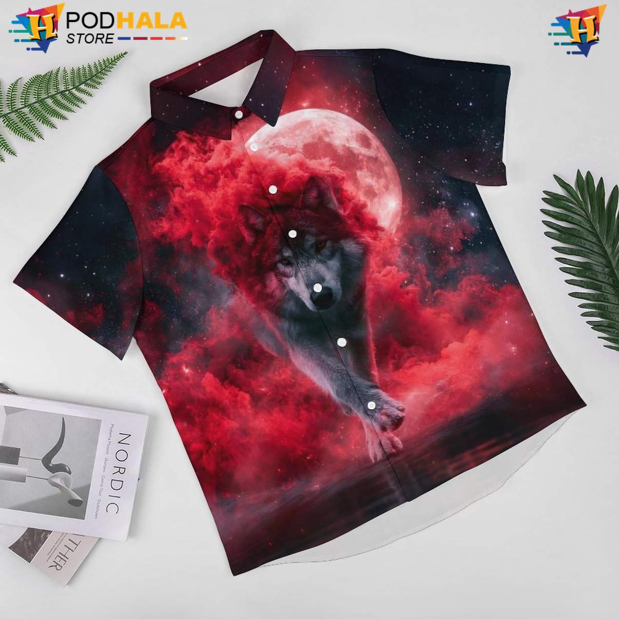 Red Nebula Wolf Tropical Shirt Mens Cool Galaxy Print Casual Beach Festival Gear Red Nebula Wolf Tropical Shirt Mens Cool Galaxy Print Casual Beach Festival Gear