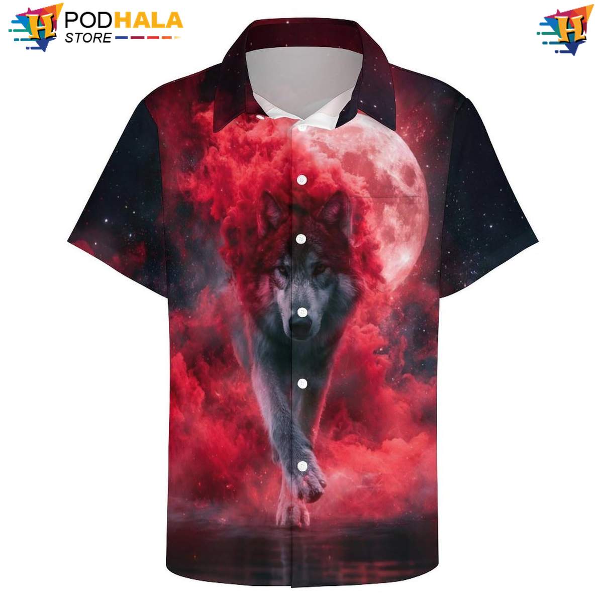 Red Nebula Wolf Short-sleeve button-up shirt Mens Cool Galaxy Print Casual Beach Festival Gear Red Nebula Wolf Short-sleeve button-up shirt Mens Cool Galaxy Print Casual Beach Festival Gear