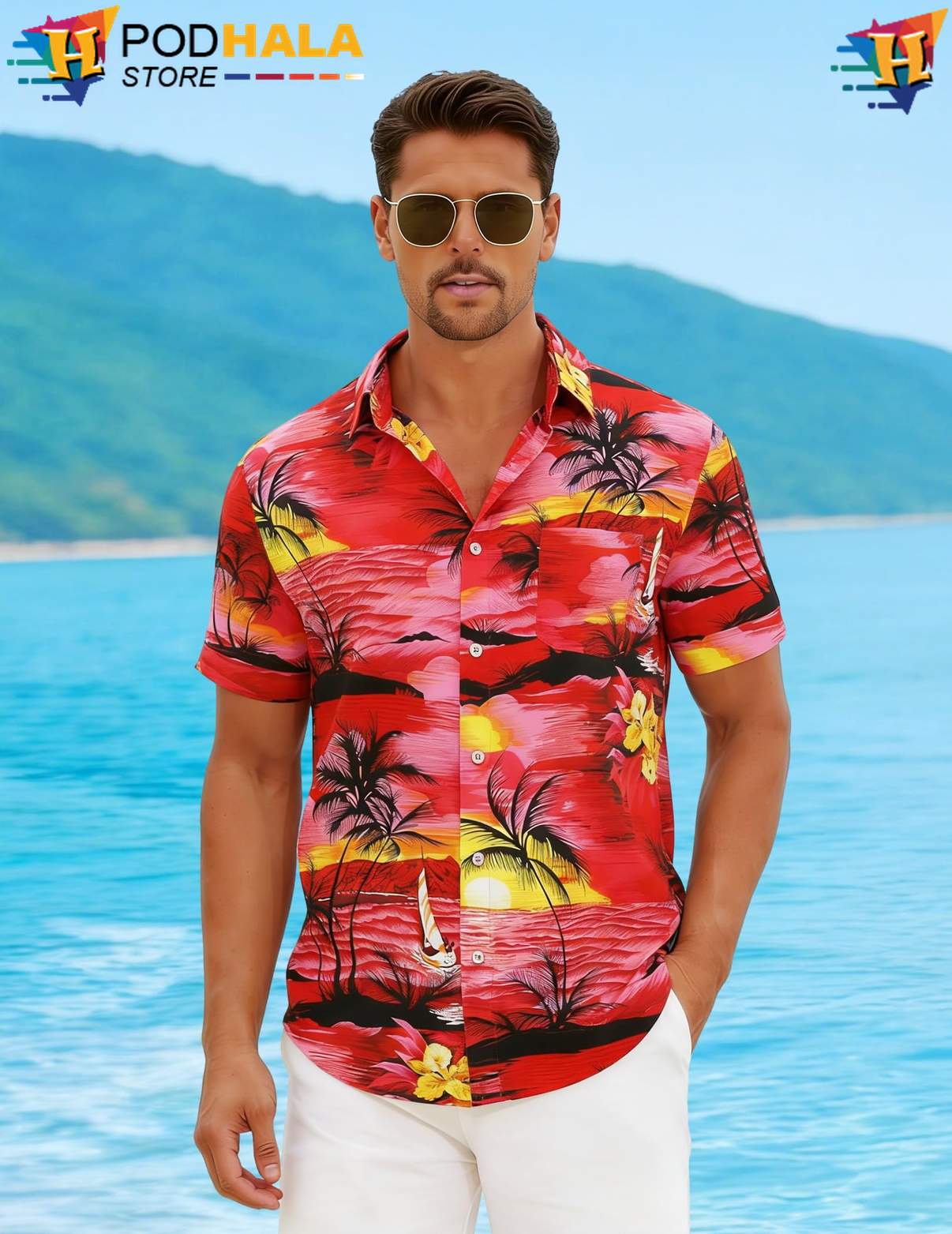 Red Palm Hawaiian Shirt Tree Mens Short Sleeve Casual Summer Beach Outfit