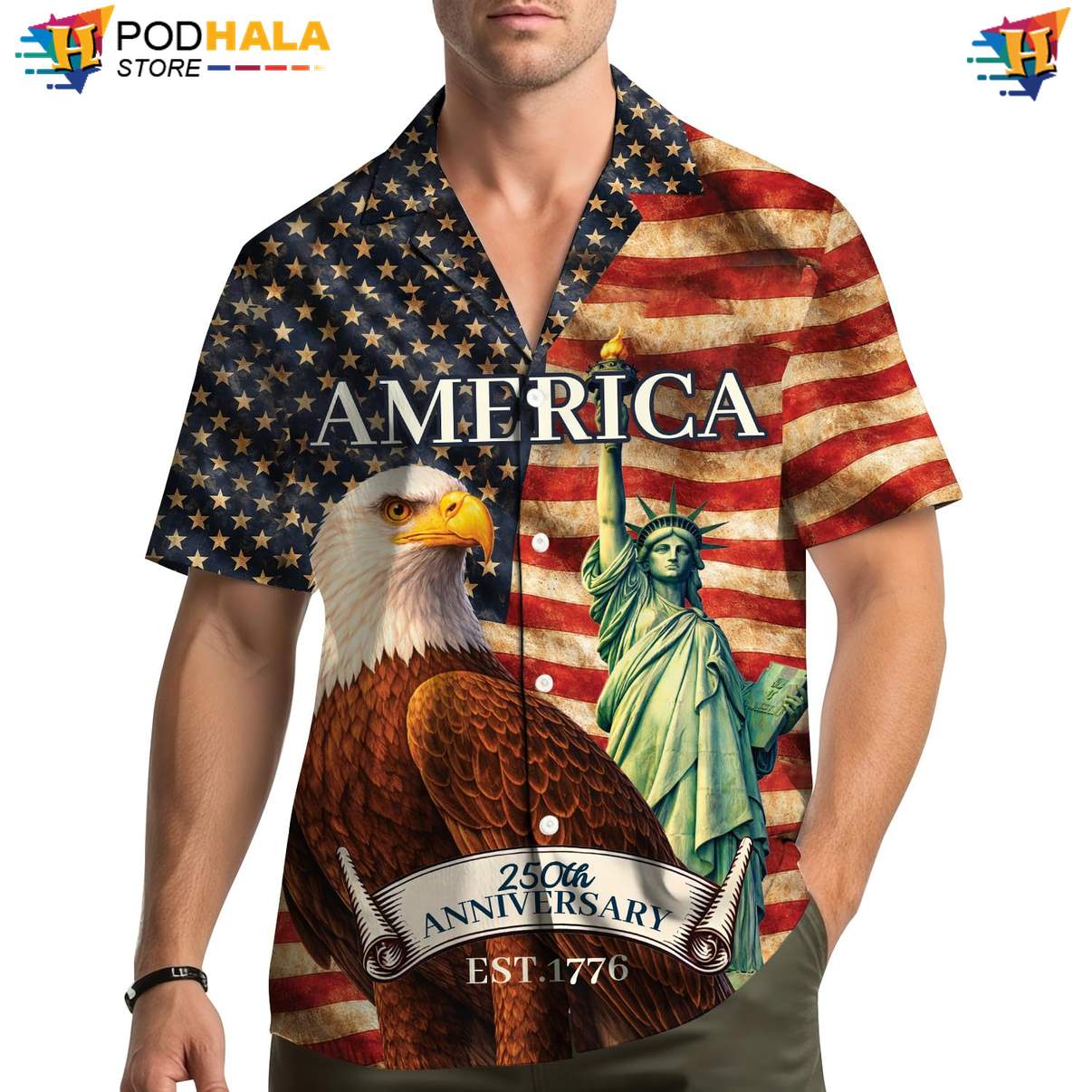 Red Patriotic 250th Hawaiian Shirt Mens USA Flag Fourth Of July Apparel