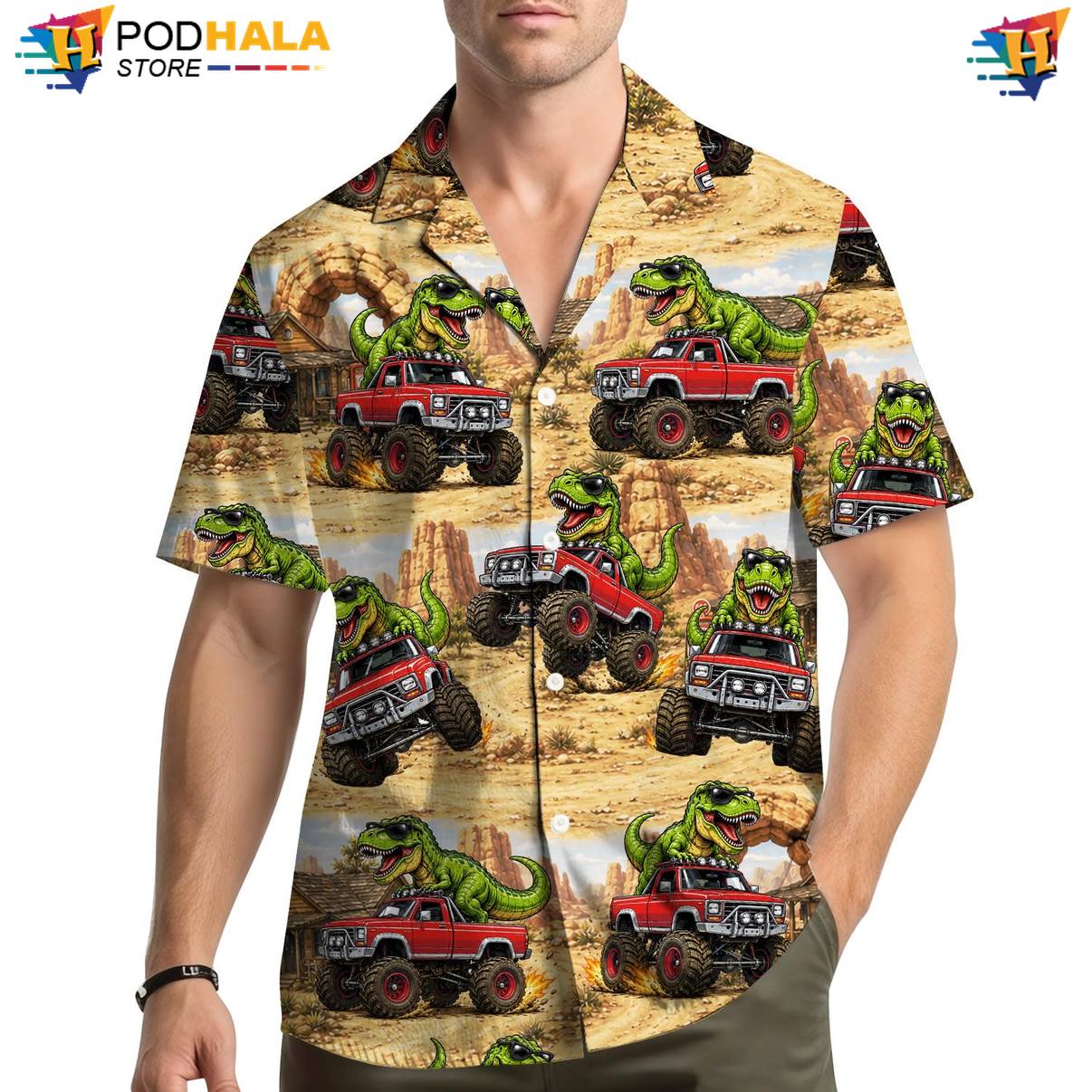 Red TRex Fire Hawaiian Shirt Mens Novelty Beach Festival Island Vibe Outfit