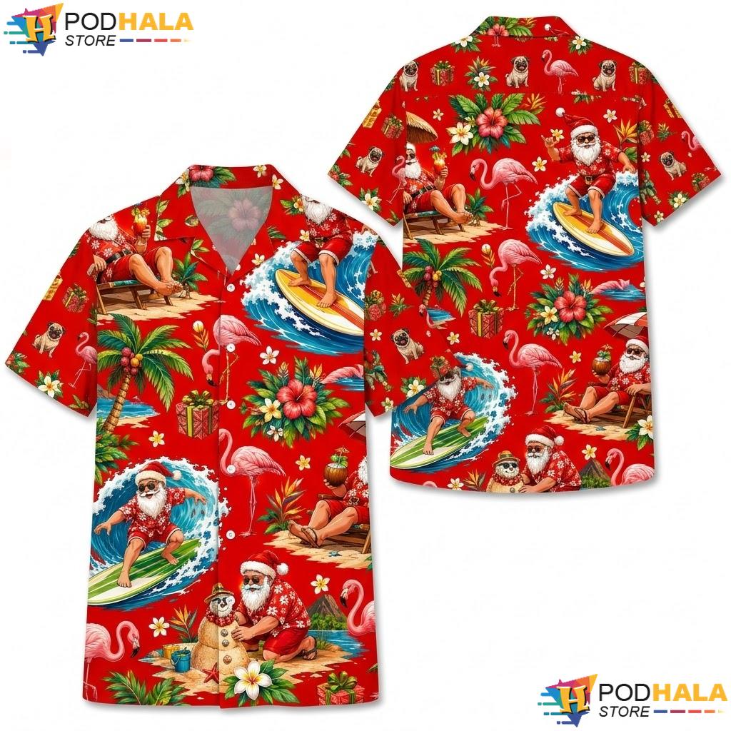 Red Tropical Santa Aloha Shirt Surfing Flamingo Palm Tree Casual Top