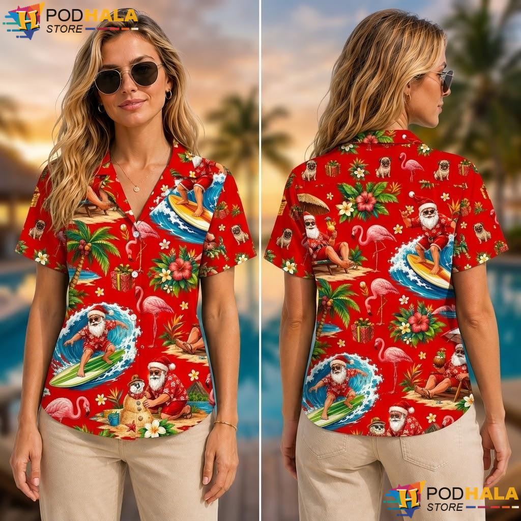 Red Tropical Santa Tropical Shirt Surfing Flamingo Palm Tree Casual Top Red Tropical Santa Tropical Shirt Surfing Flamingo Palm Tree Casual Top