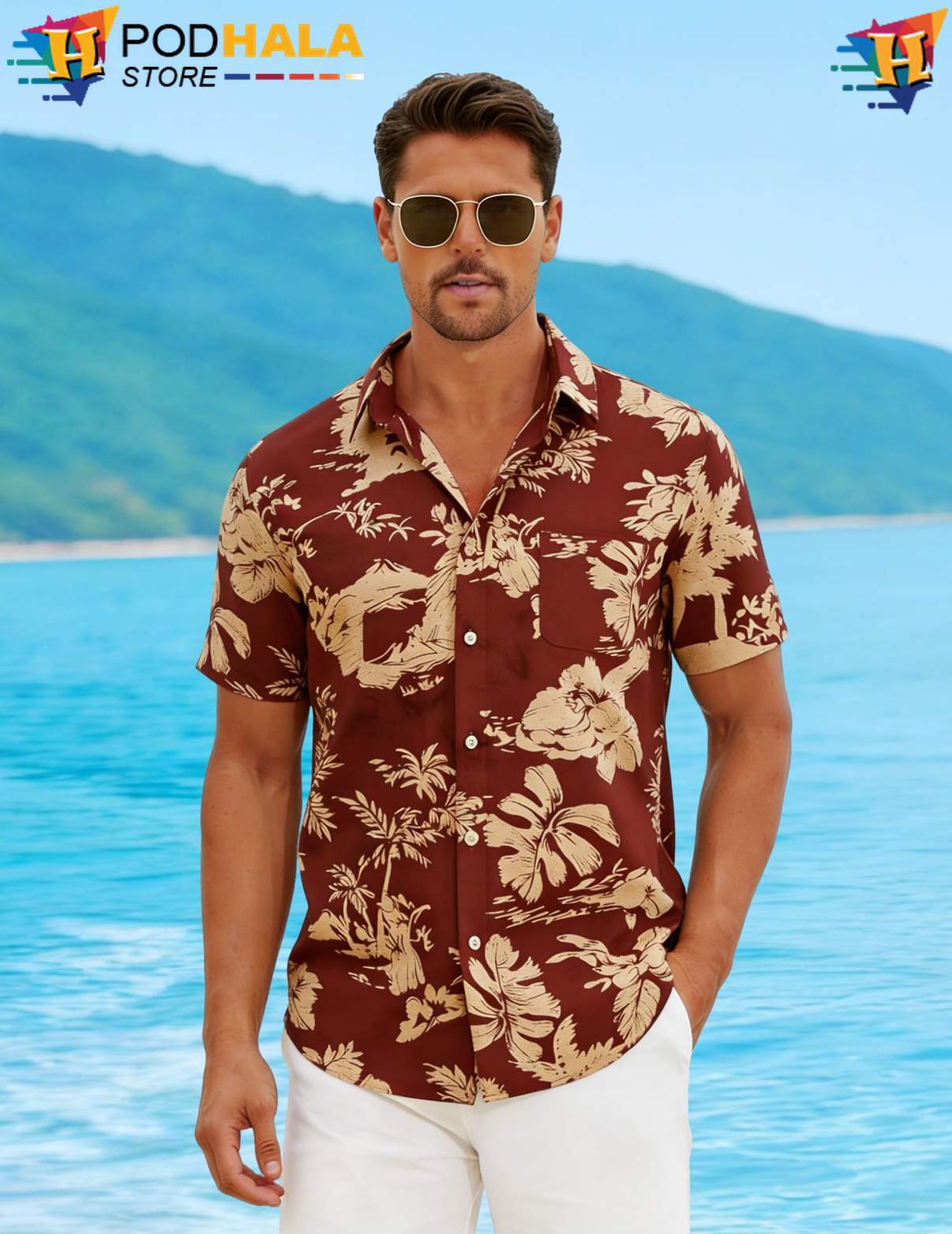 Red Two Hawaiian Shirt Palm Tree Mens Short Sleeve Casual Summer Beachwear