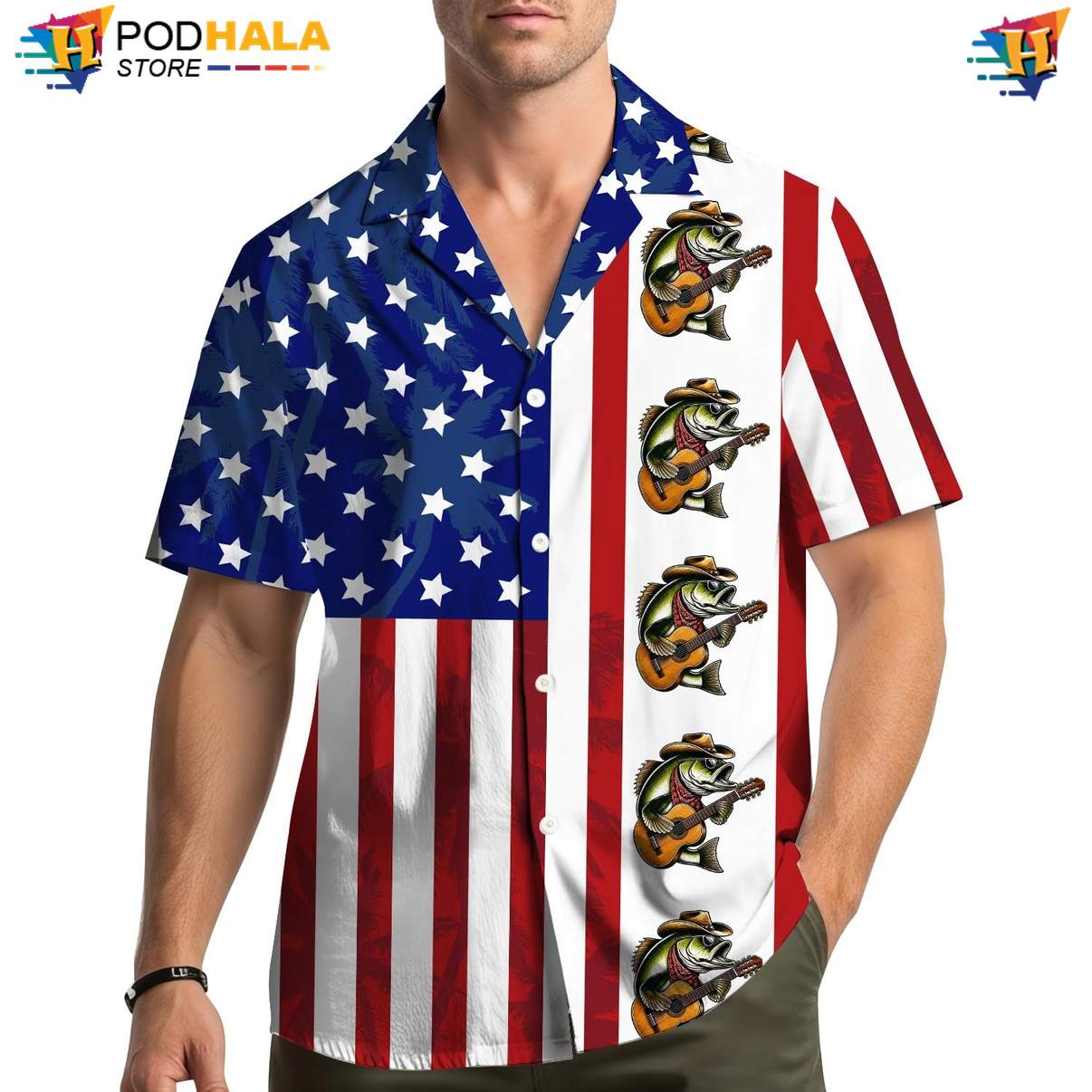 Red USA Fishing Flag Hawaiian Shirt Mens Patriotic Fourth Of July Apparel