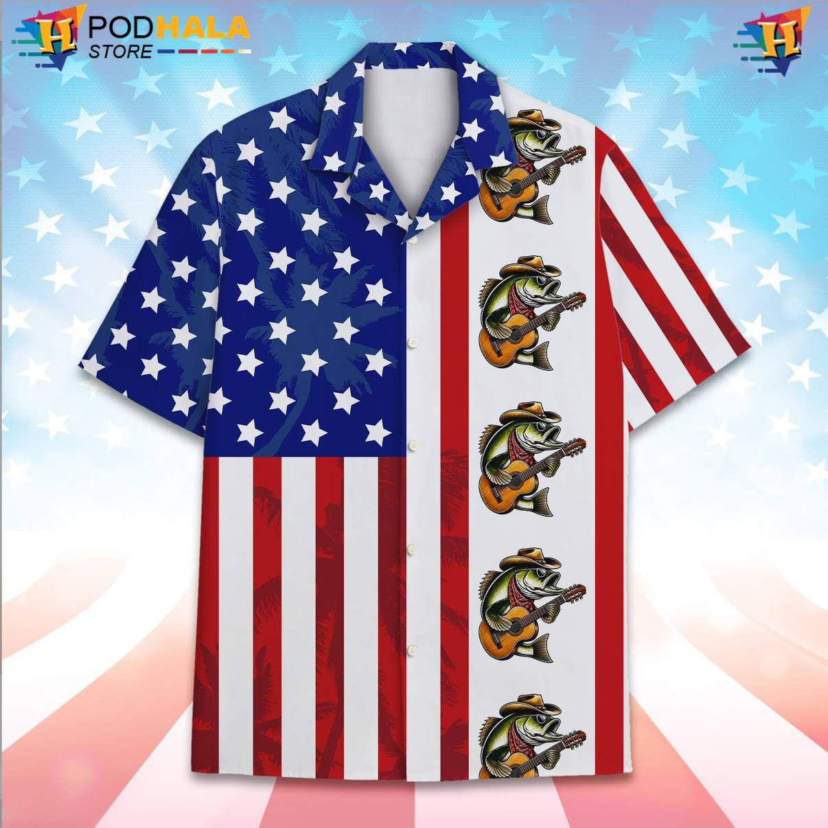 Red USA Fishing Flag Aloha Shirt Mens Patriotic Fourth Of July Apparel Red USA Fishing Flag Aloha Shirt Mens Patriotic Fourth Of July Apparel