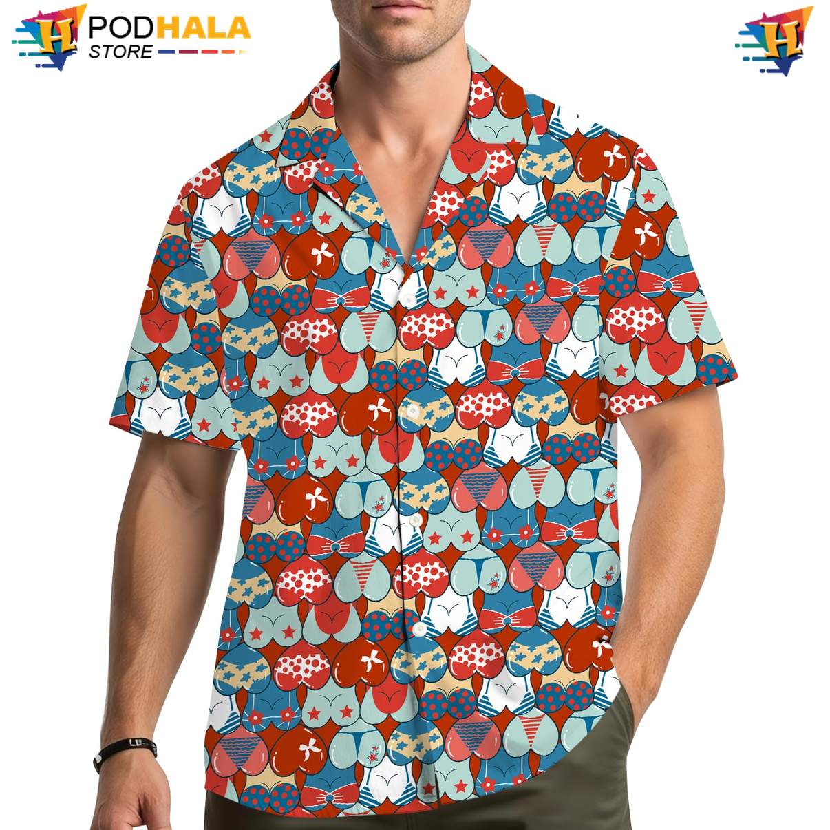 Red USA Flag Chest Aloha Shirt Mens Patriotic Fourth Of July Beachwear Top