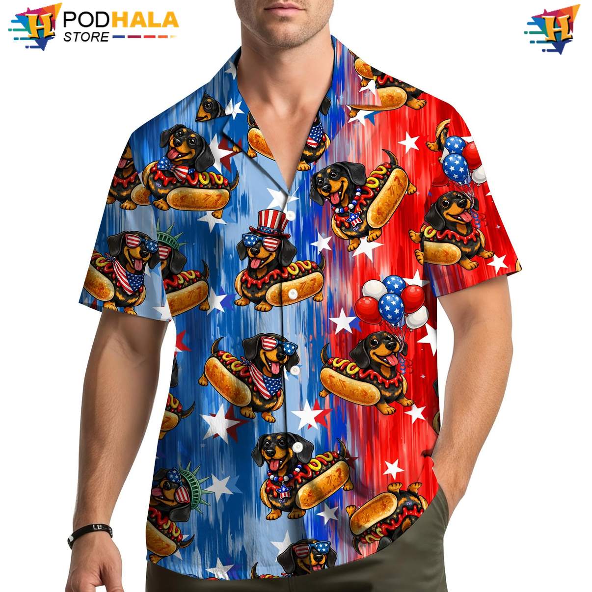 Red USA Flag Hotdog Hawaiian Shirt Mens Patriotic Fourth Of July Cookout