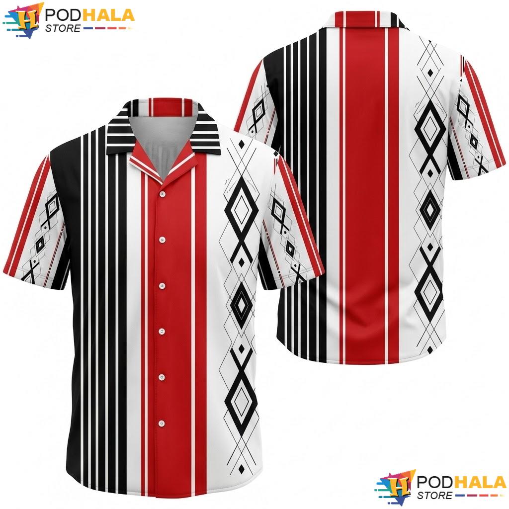 Red White Black Geometric Hawaiian Shirt Bold Casual Summer Outing Top