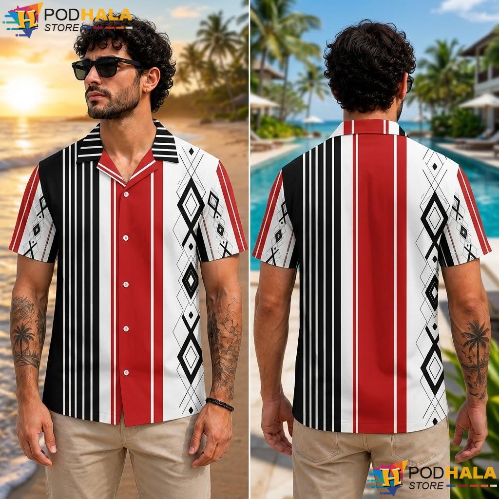 Red White Black Geometric Aloha Shirt Bold Casual Summer Outing Top Red White Black Geometric Aloha Shirt Bold Casual Summer Outing Top
