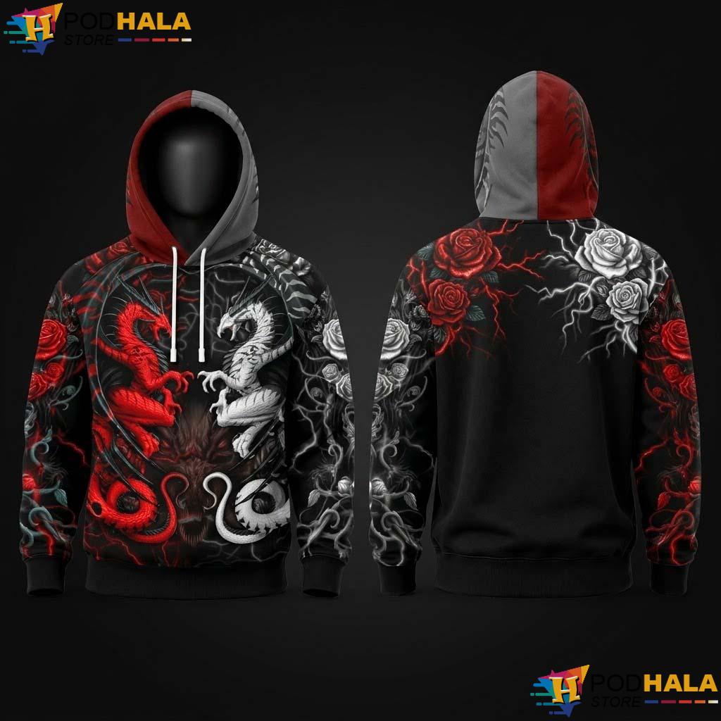 Red White Dragon 3D Hoodie Gothic Roses Unisex Streetwear Jacket Top