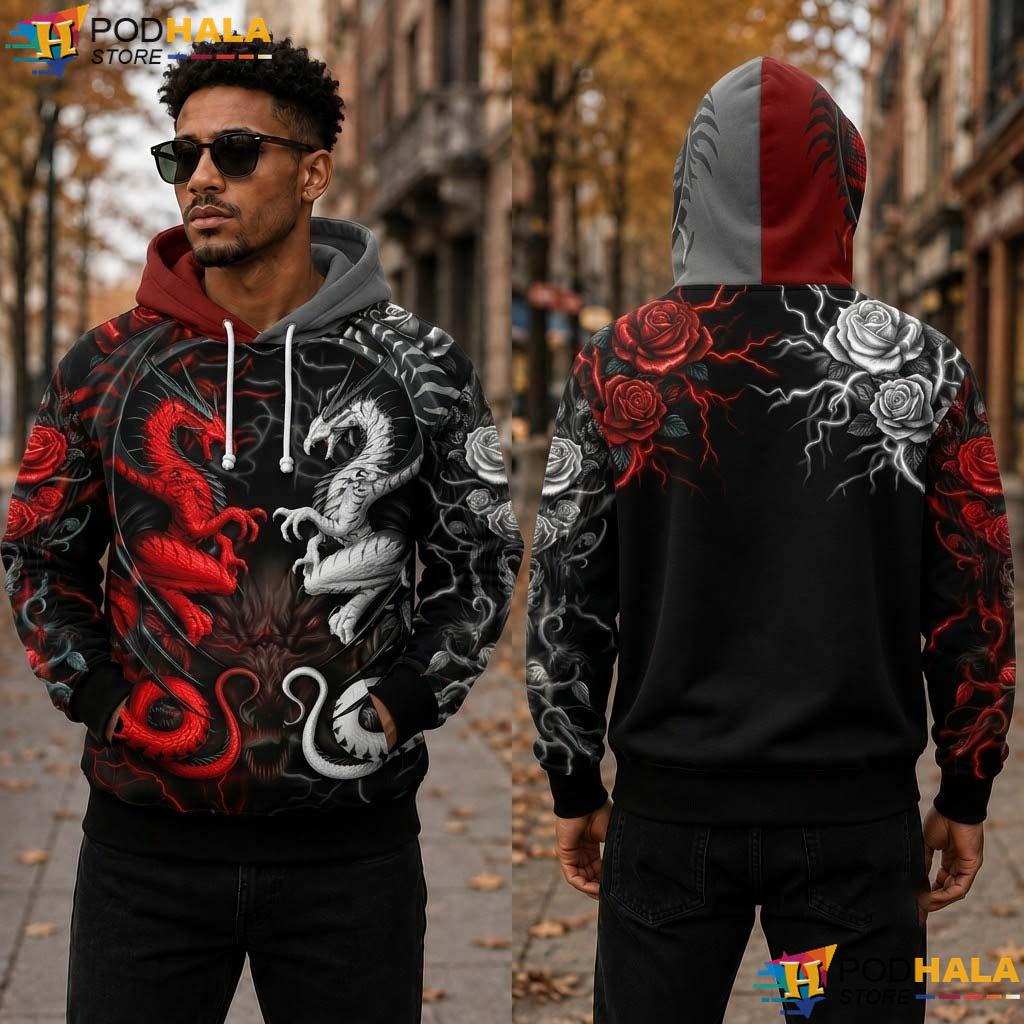 Red White Dragon All Over Print Hoodie Gothic Roses Unisex Streetwear Jacket Top Red White Dragon All Over Print Hoodie Gothic Roses Unisex Streetwear Jacket Top