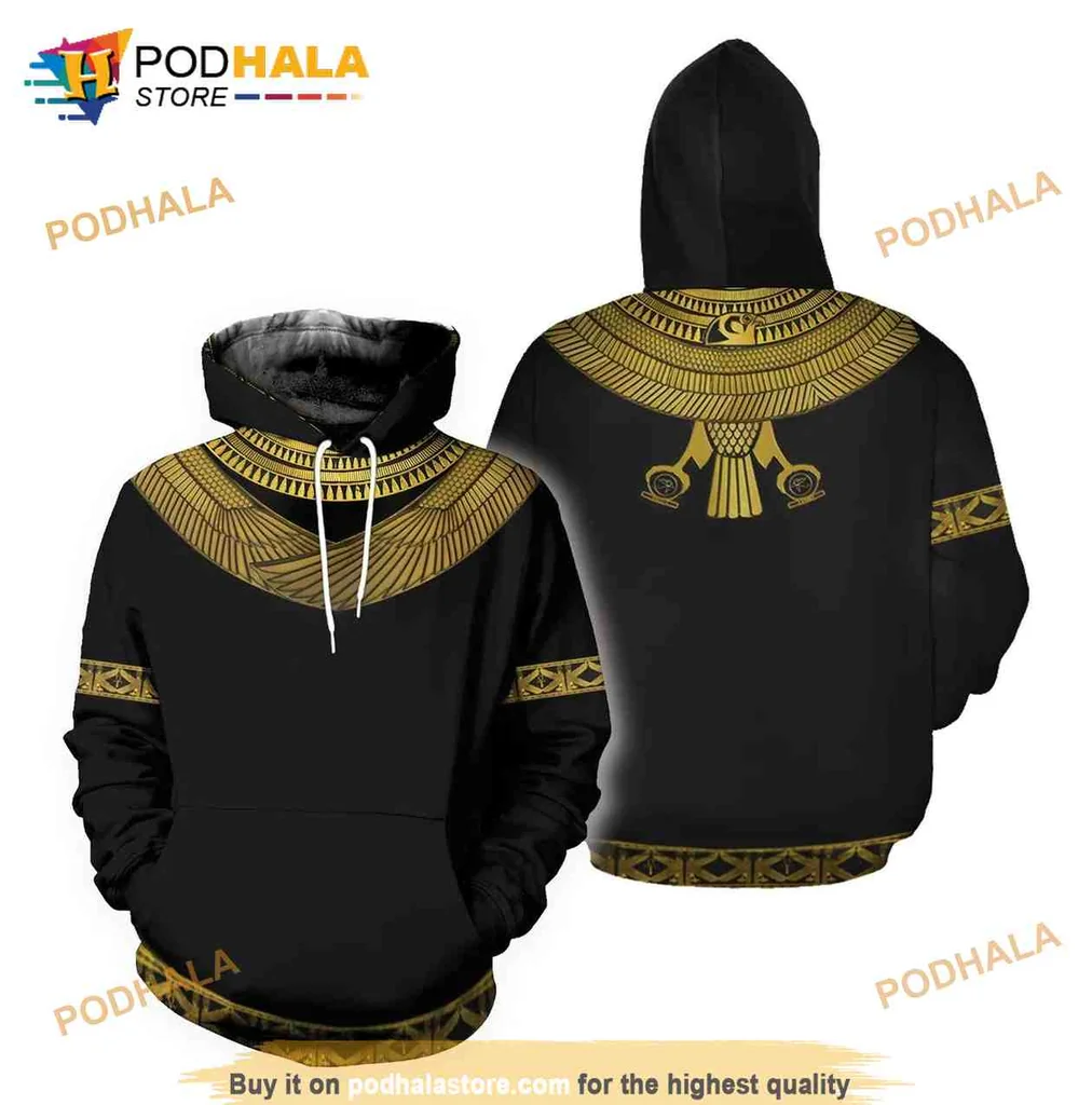 Regal Horus 3d Hoodie Featuring Ancient Egyptian Motifs And Gold Design