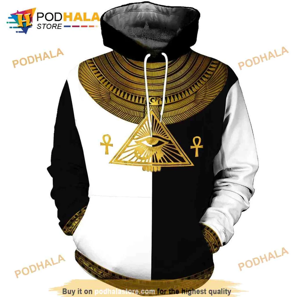 Regal Horus Egyptian God 3d Hoodie Featuring Golden Eye And Ancient Patterns