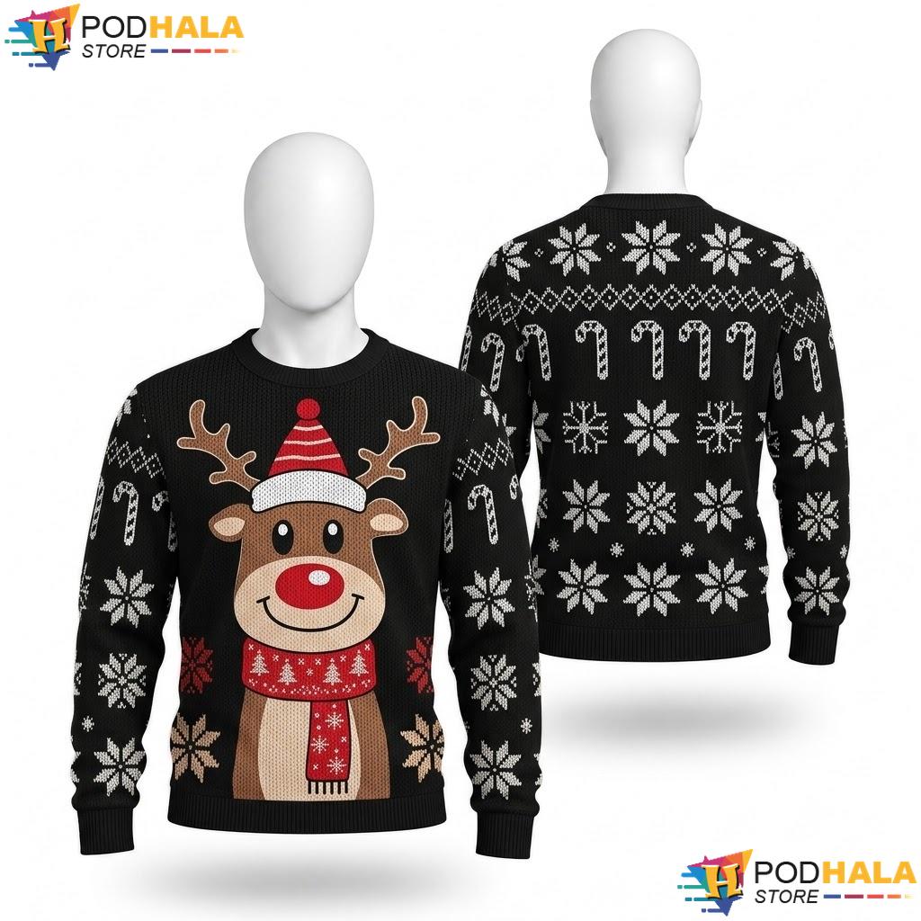 Reindeer Black Holiday Xmas Sweater Cute Festive Long Sleeve Pullover