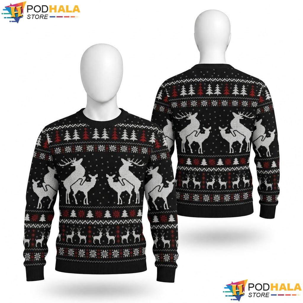 Reindeer Black Knit Ugly Christmas Sweater Humorous Festive Pullover