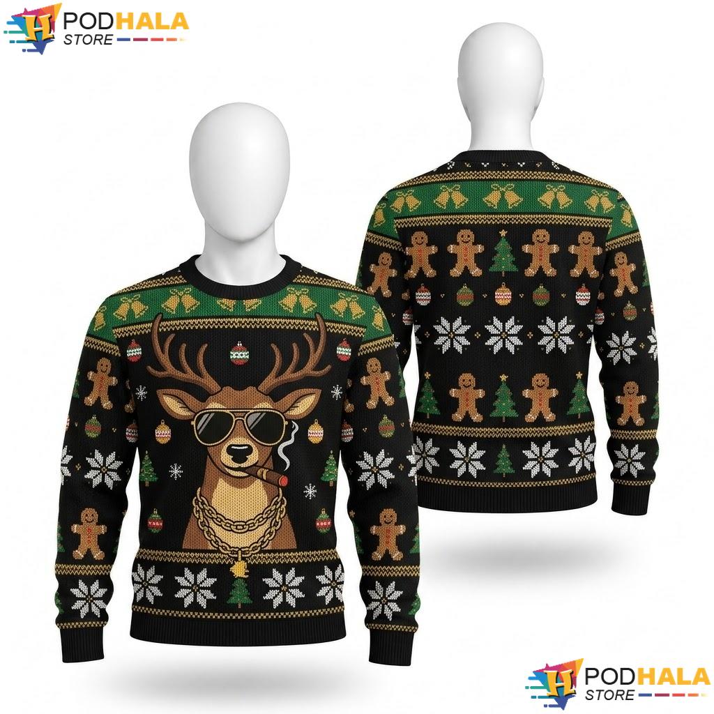 Reindeer Black Ugly Christmas Sweater Funny Festive Long Sleeve Top
