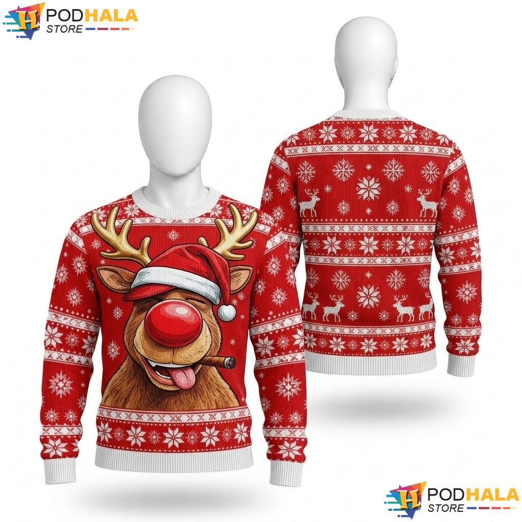 Reindeer Cartoon Ugly Christmas Sweater Funny Red Festive Holiday Top