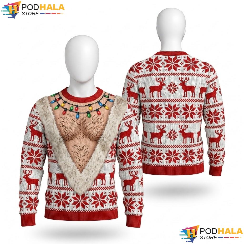 Reindeer Chest Lights Ugly Xmas Sweater Funny Hairy Humorous Knit