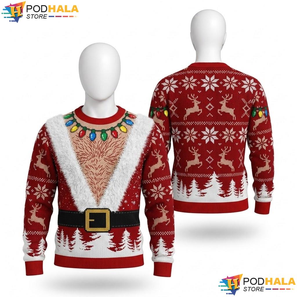 Reindeer Chest Santa Lights Ugly Christmas Sweater Funny Festive Xmas
