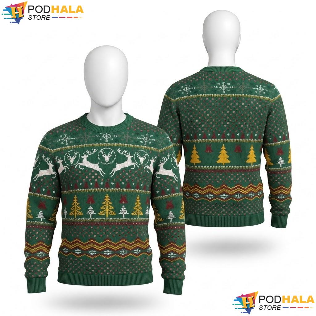 Reindeer Green Geometric Xmas Sweater Playful Festive Holiday Outfit