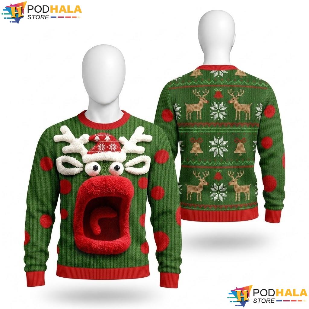 Reindeer Green Polka Dots Xmas Sweater Quirky Festive Holiday Outfit