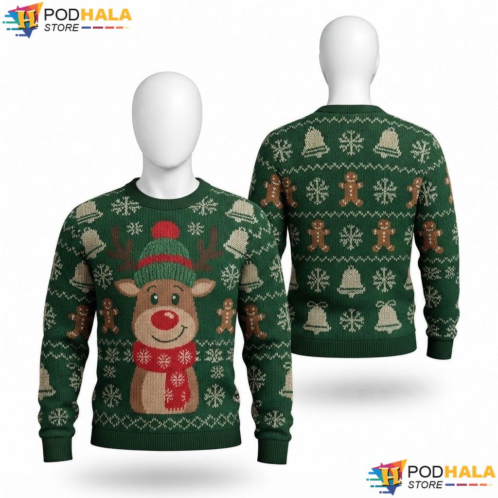 Reindeer Green Ugly Christmas Sweater Cute Snowflake Gingerbread Knit
