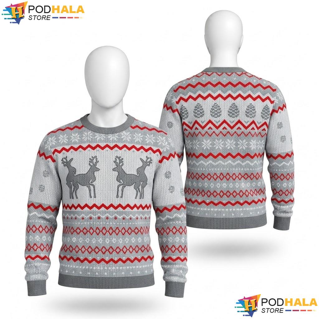 Reindeer Grey Whimsical Ugly Christmas Sweater Funny Xmas Mens Apparel