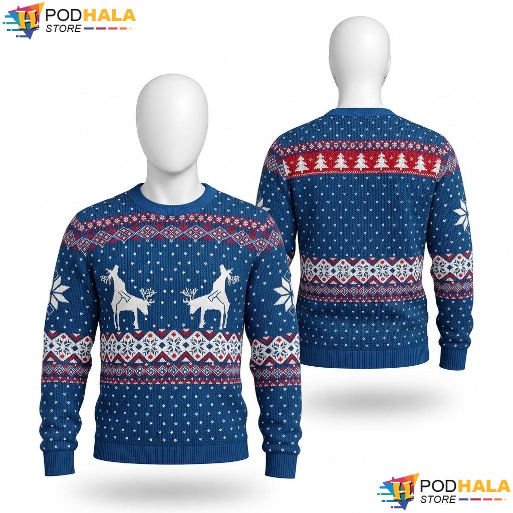 Reindeer Navy Blue Mens Ugly Xmas Sweater Cute Festive Christmas Outfit