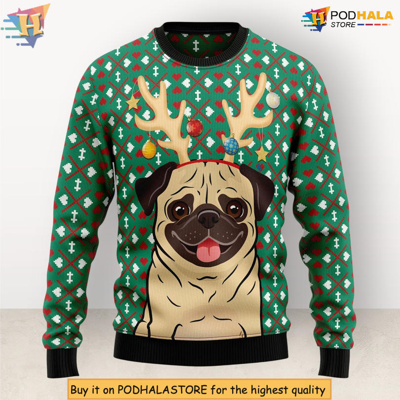 Reindeer Pug Dog Lover Festive Holiday Pet Themed Cute Christmas Sweater Reindeer Pug Dog Lover Festive Holiday Pet Themed Cute Christmas Sweater