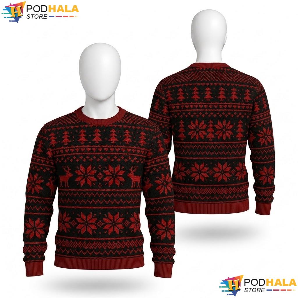 Reindeer Red Black Ugly Sweater Classic Festive Holiday Graphic Knit