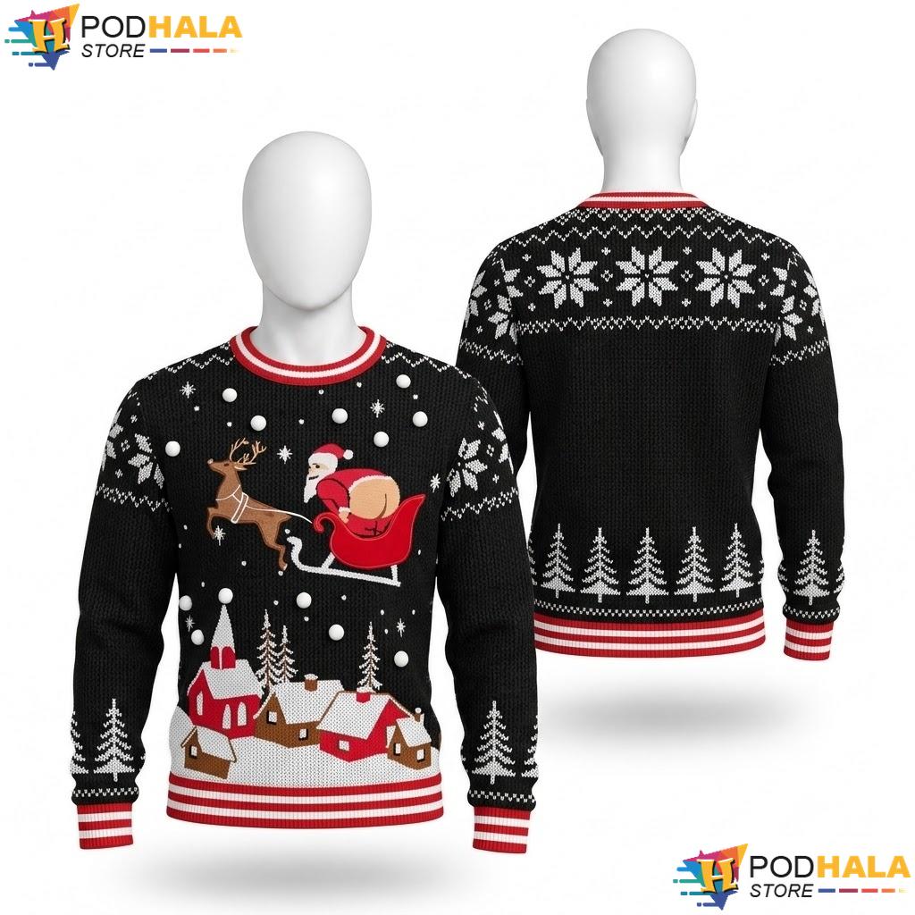 Reindeer Santa Sleigh Ugly Xmas Sweater Playful Multicolored Pullover