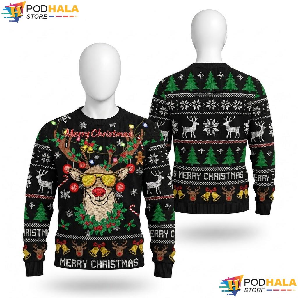 Reindeer Sunglasses Ugly Christmas Sweater Merry Graphic Apparel Mens