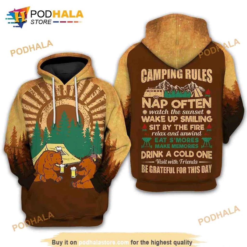 Relaxed Bear Camping Rules 3d Hoodie Featuring Nature Inspired Design