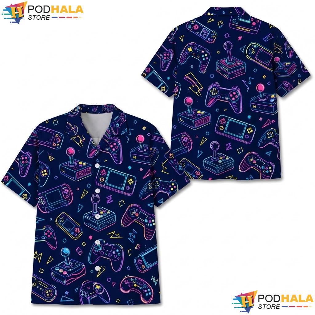Retro 3d Game Graphic Aloha Shirt Colorful Playful Boys Summer Top