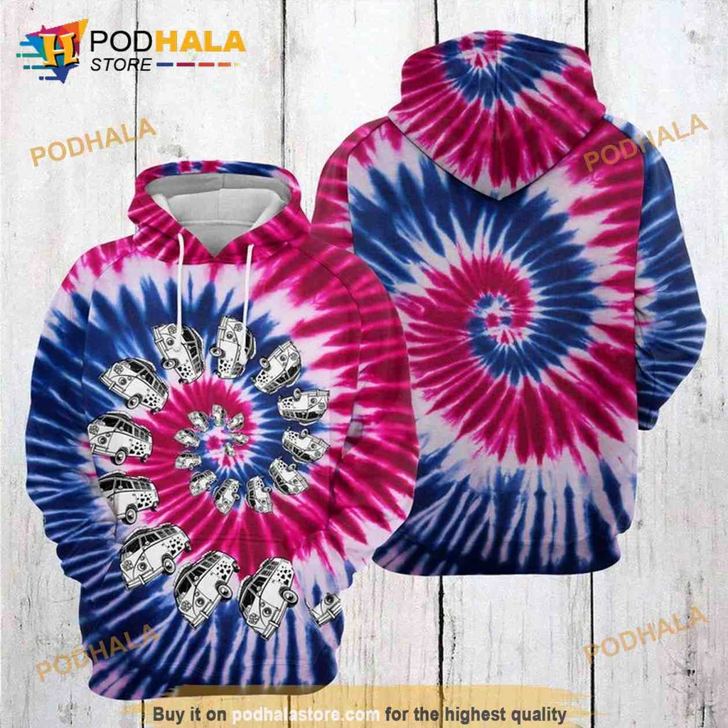 Retro Camper Van Tie Dye 3d Hoodie With Colorful Swirling Design