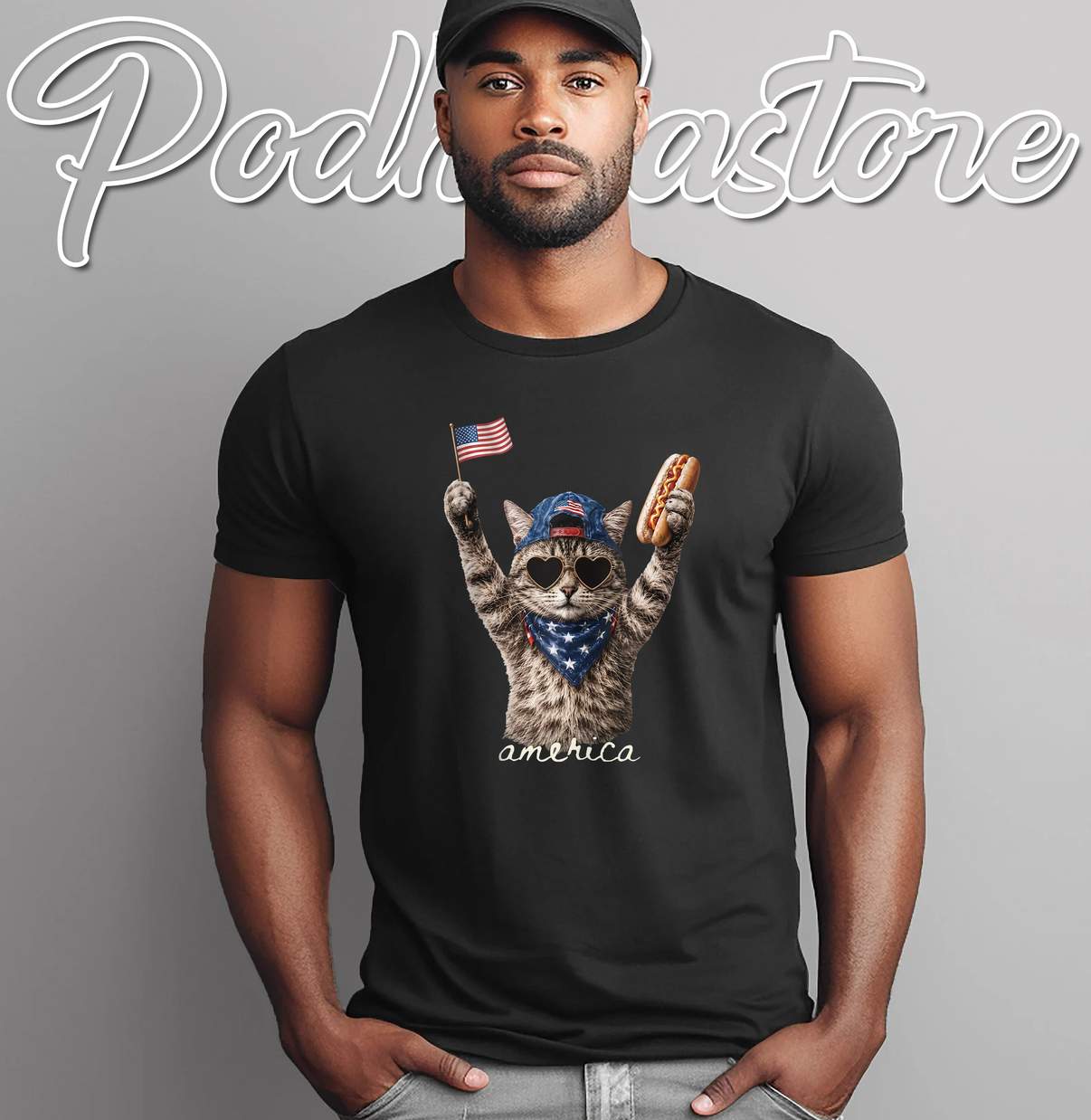 Retro Cat Hot Dog Shirt Funny America Lovers Patriotic US Flag Graphic Gear