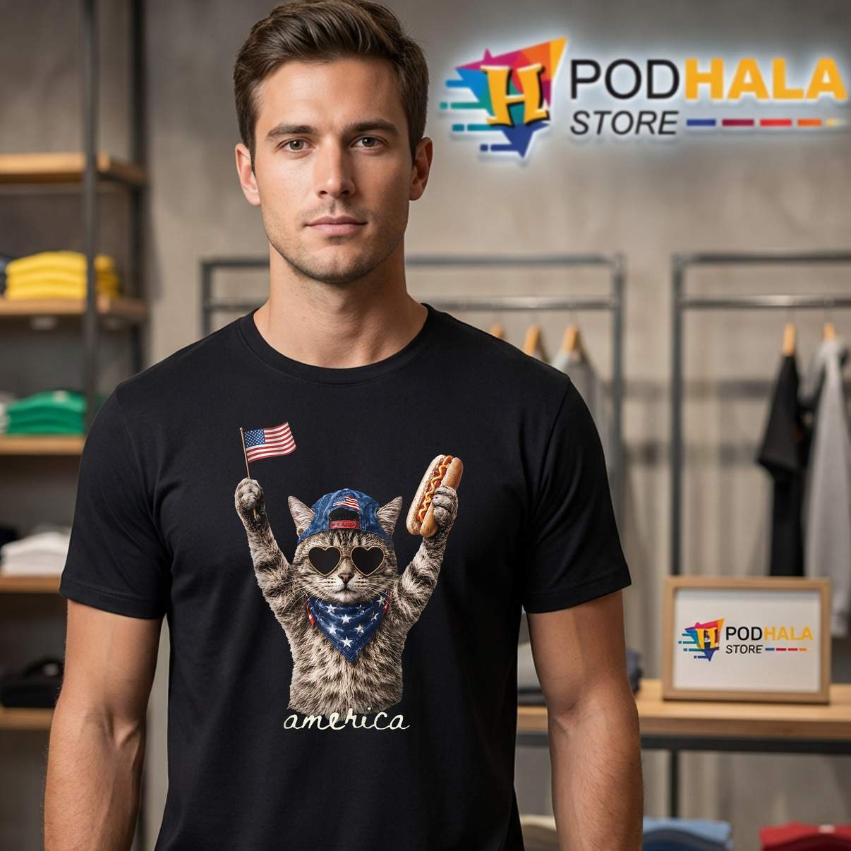 Retro Cat Hot Dog T-Shirt Funny America Lovers Patriotic US Flag Graphic Gear Retro Cat Hot Dog T-Shirt Funny America Lovers Patriotic US Flag Graphic Gear