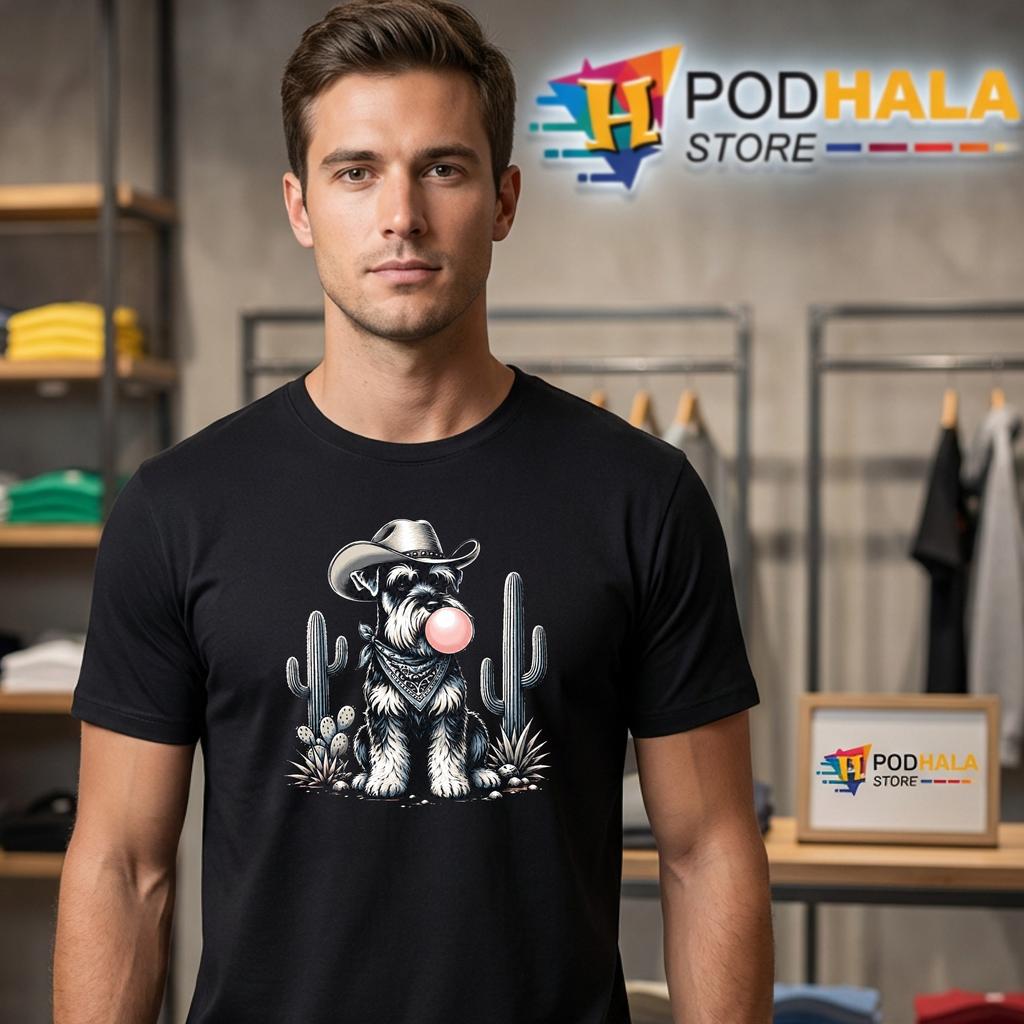 Retro Cowboy Schnauzer T-Shirt Blowing Bubble UFO Rodeo Western Graphic