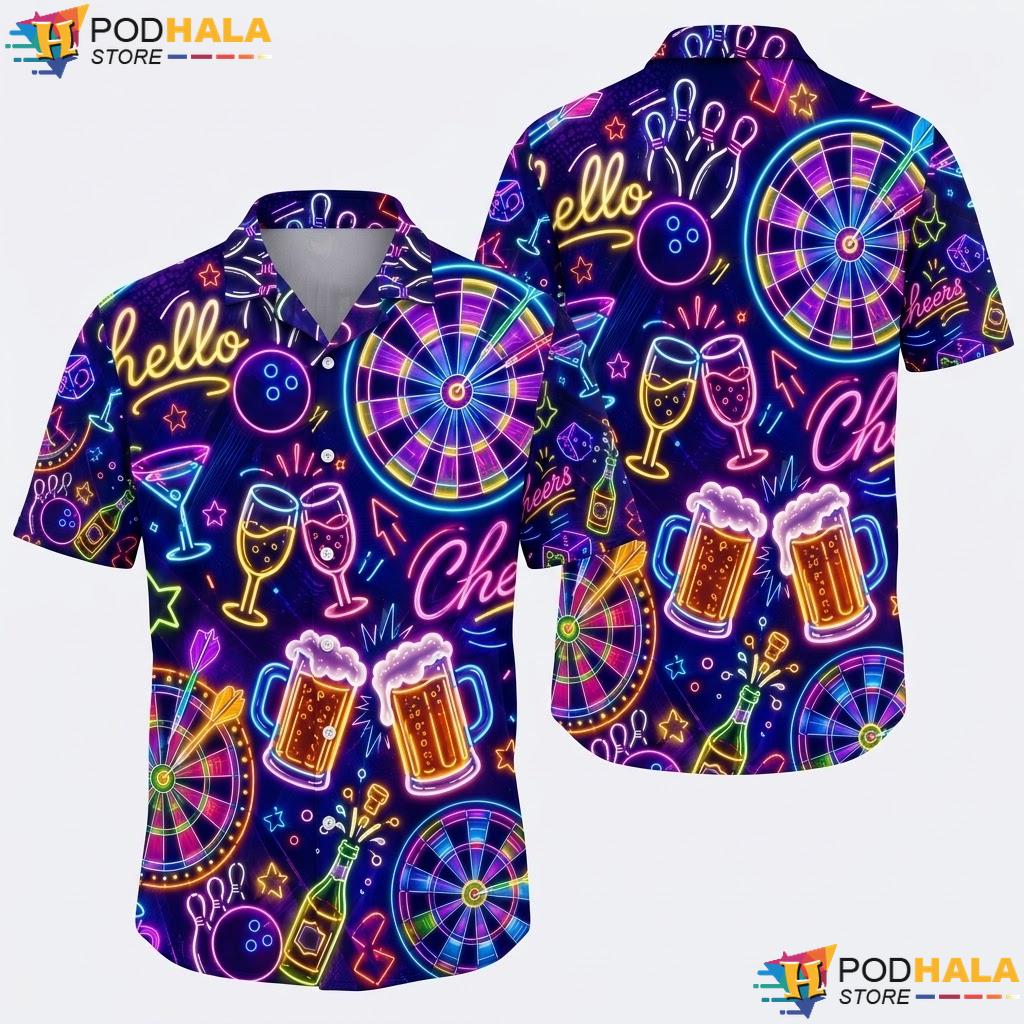 Retro Dart Cocktail Hawaiian Shirt Neon Theme Playful Party Apparel