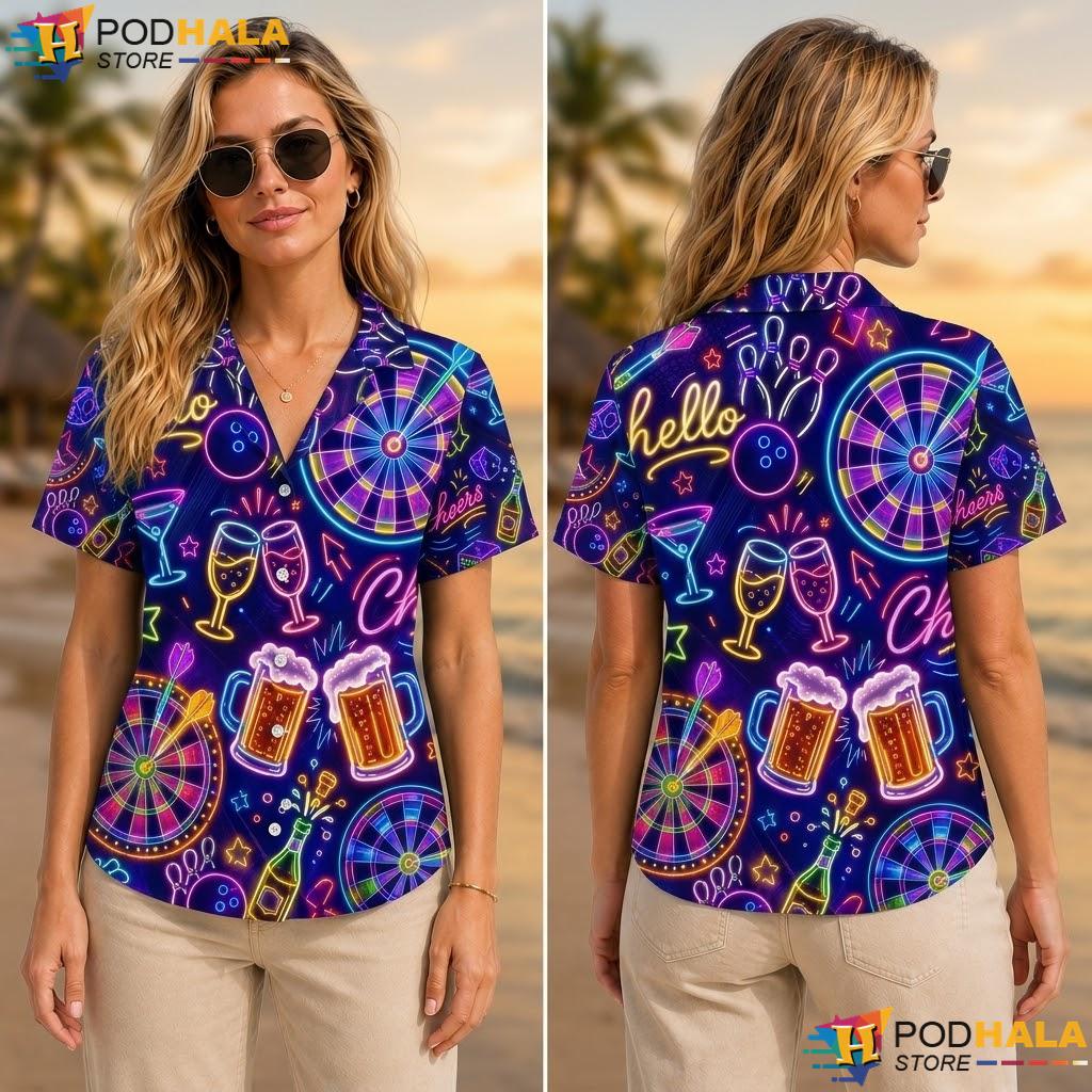 Retro Dart Cocktail Aloha Shirt Neon Theme Playful Party Apparel Retro Dart Cocktail Aloha Shirt Neon Theme Playful Party Apparel