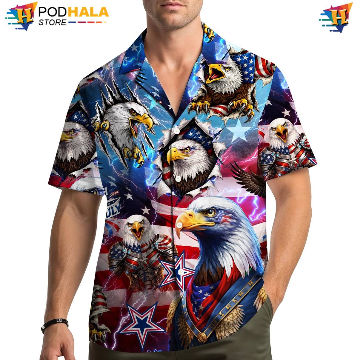 Retro Eagle Hawaiian Shirt Multicolor Mens Short Sleeve Summer Beach Top