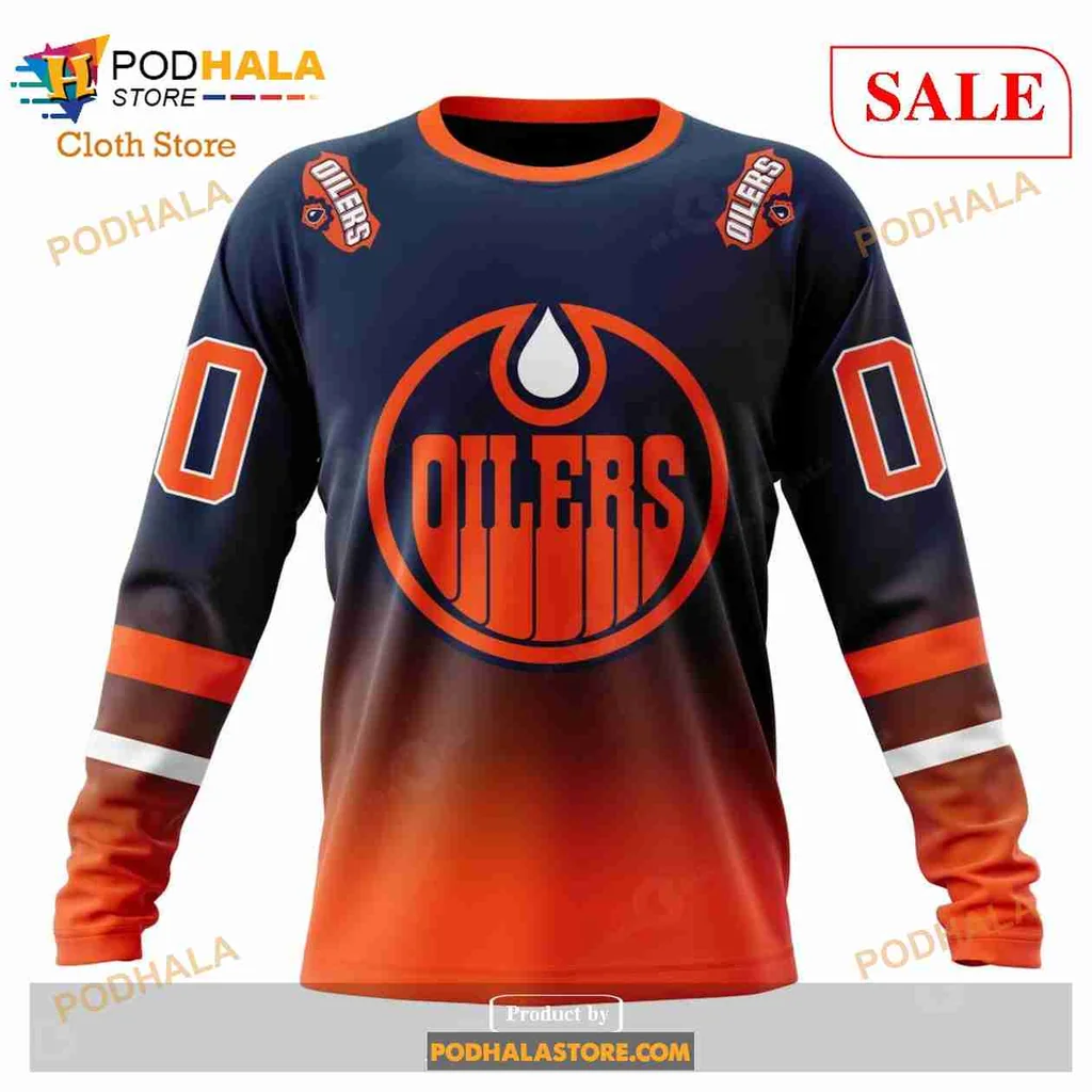 Retro Edmonton Oilers 3D Print Hoodie Featuring Gradient Design And Team Logo Retro Edmonton Oilers 3D Print Hoodie Featuring Gradient Design And Team Logo