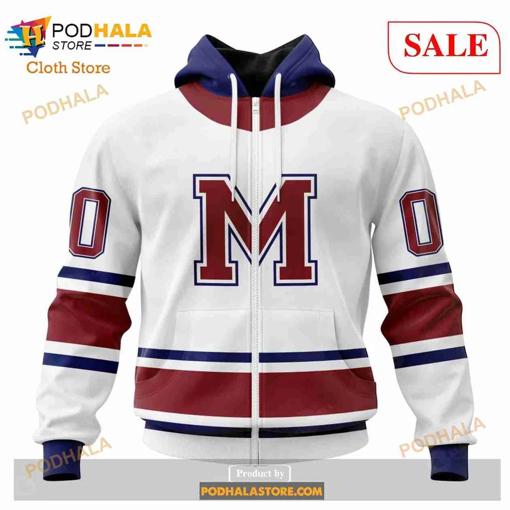 Retro Montreal Canadiens All Over Print Hoodie With Bold Letter M And Sporty Stripes Retro Montreal Canadiens All Over Print Hoodie With Bold Letter M And Sporty Stripes