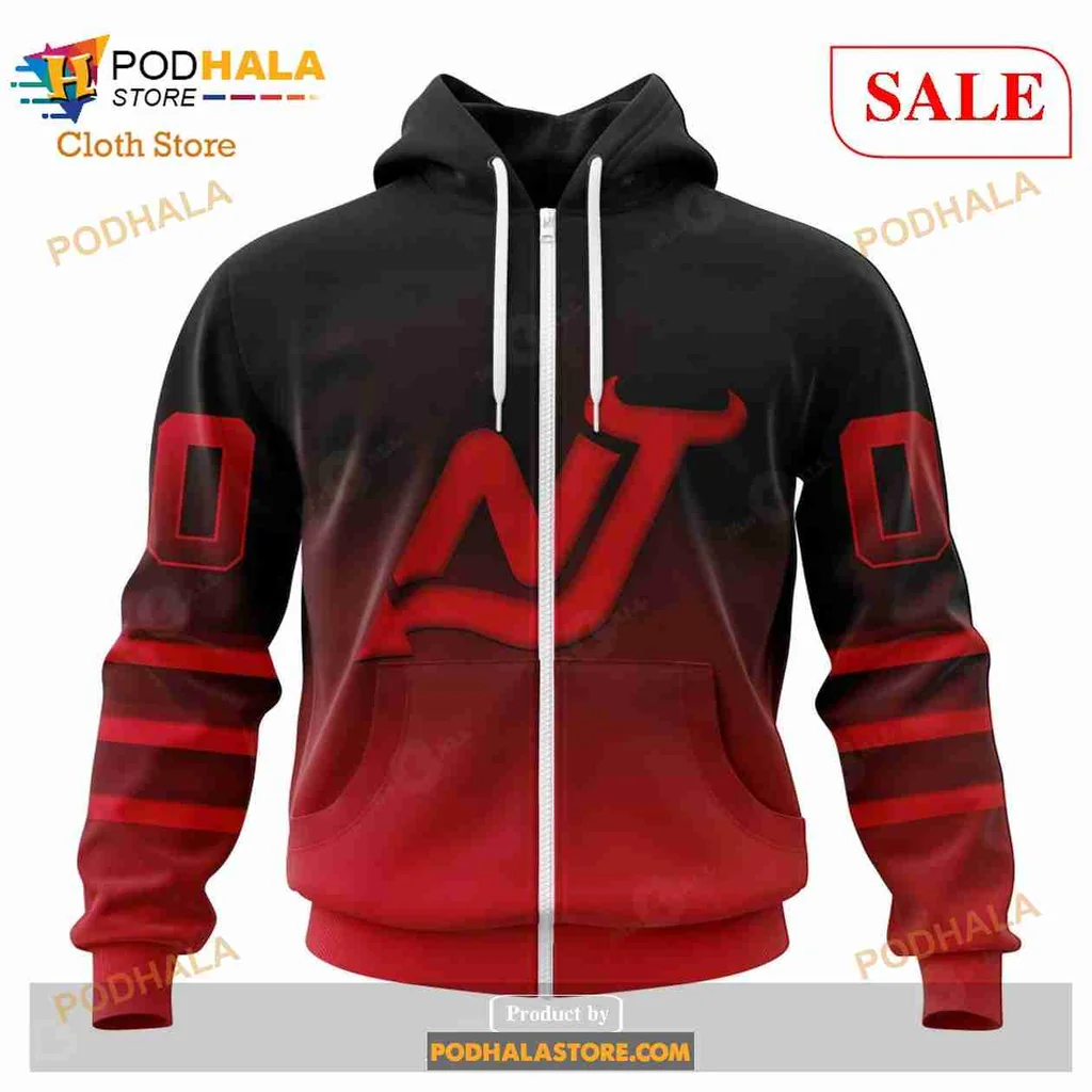 Retro New Jersey Devils Hoodie With Bold Gradient Design - View 1 Retro New Jersey Devils Hoodie With Bold Gradient Design - View 1