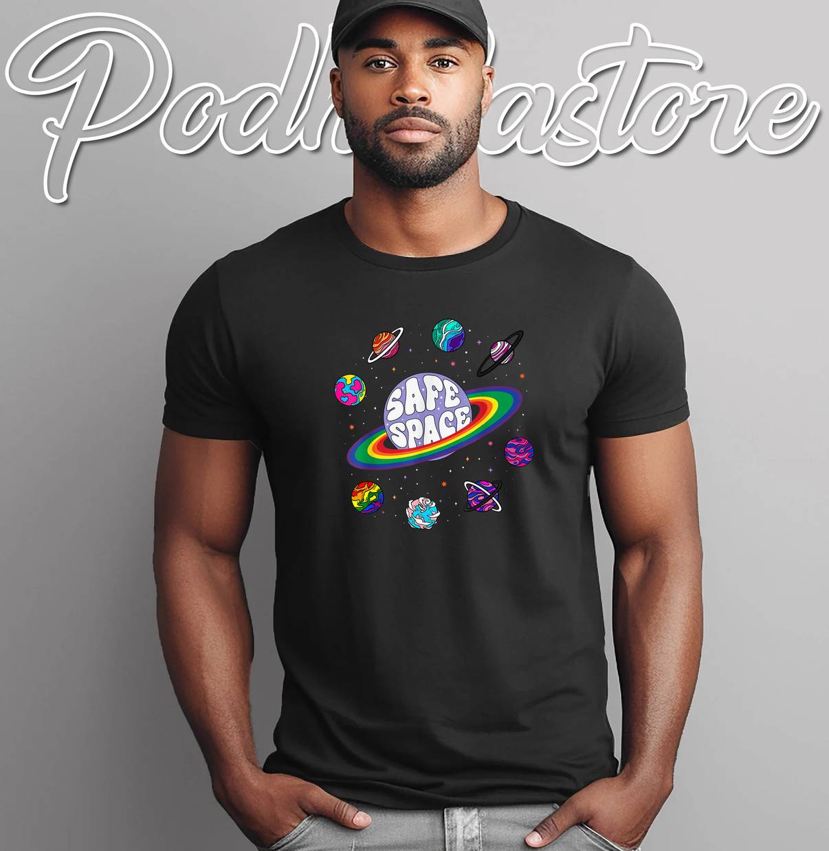 Retro Rainbow Planets Safe Space Shirt Cosmic LGBTQ Pride Month Mens