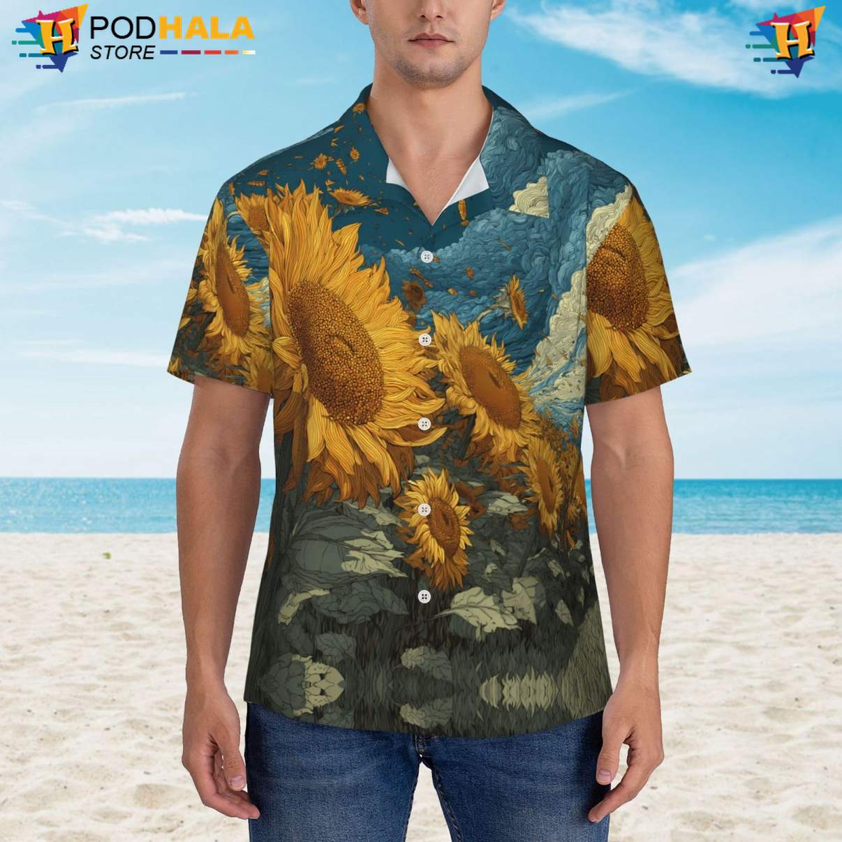 Roaring Sunflowers Hawaiian Shirt Mens Casual Vacation Party Button Down
