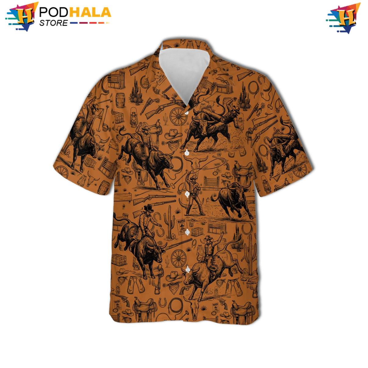 Rodeo Bull Aloha Shirt Mens Casual Beach Button Down Tropical Camp Outfit